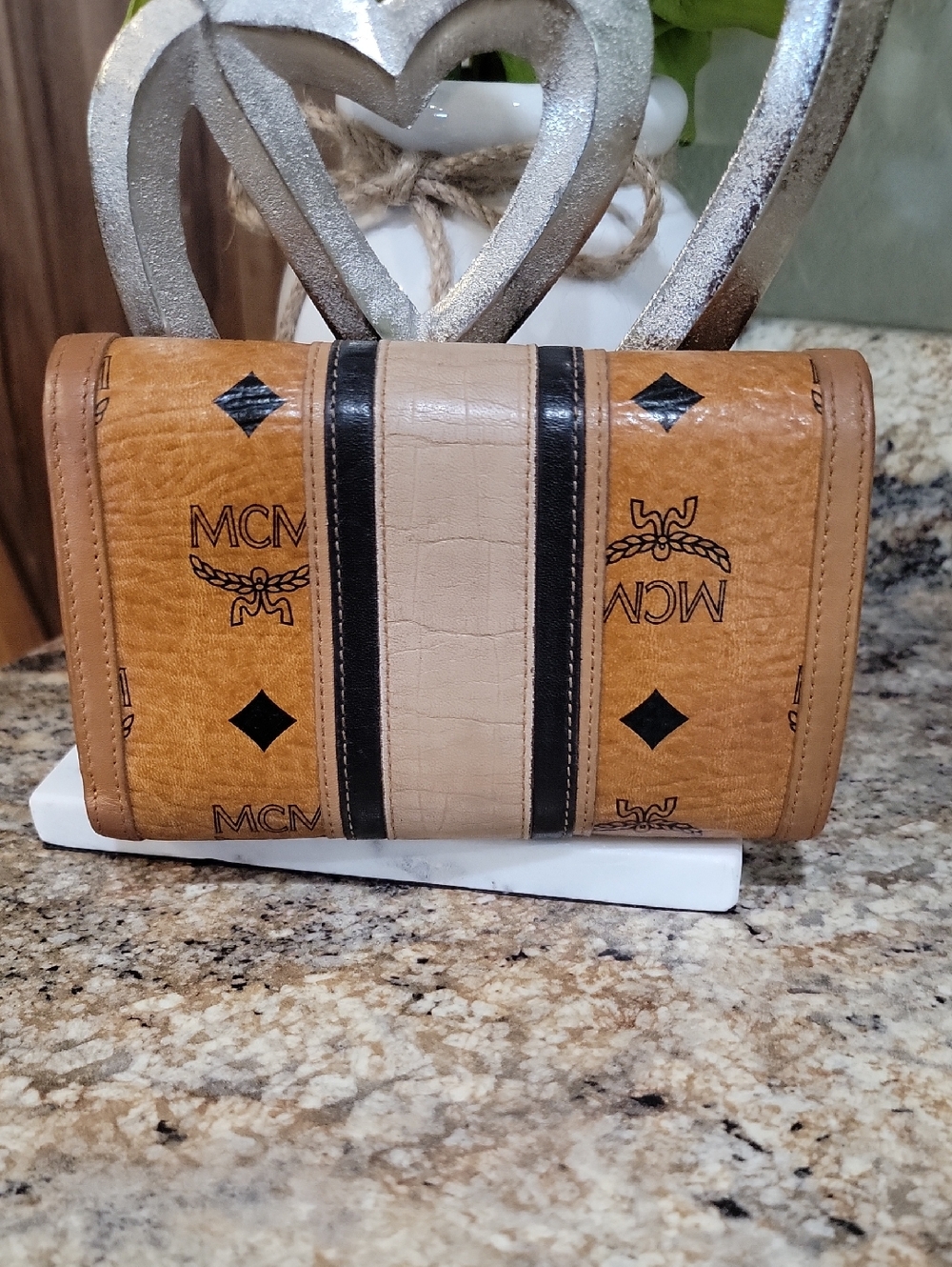 MCM Cognac Cream  Black Visetos Tri-fold Wallet - Picture 4 of 11